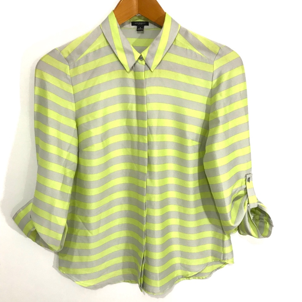 Ann Taylor Light Gray and Green Stripe Top - Picture 2 of 8